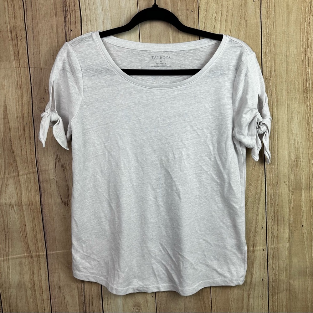 Talbots White Shimmery Short Sleeve Top with Bow Accents